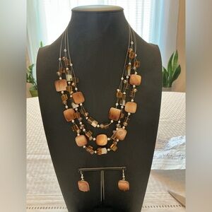 Brown Glass Silver Tone Wire Necklace and Earring Set